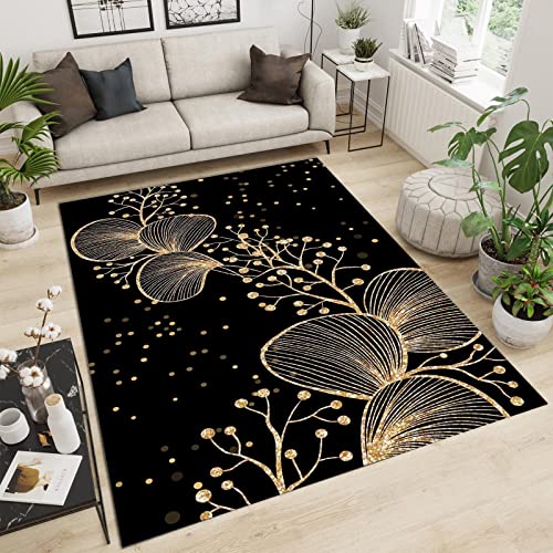 LVTFCO Goldschwarzes Blumenmuster Teppiche Gegend, Schlichter Modeklassiker Waschmaschinenfest Große Teppiche - für Wohnzimmer, Schlafzimmer, Kinderzimmer, Büro, etc 170 x 240 cm von LVTFCO