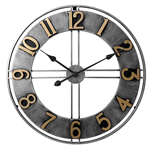 LW Collection Wanduhr Becka Grau Silber mit Goldenen Zahlen 60cm - Große industrielle Wanduhr Metall - Moderne Wanduhr - Leises Uhrwerk - Stille Uhr von LW Collection