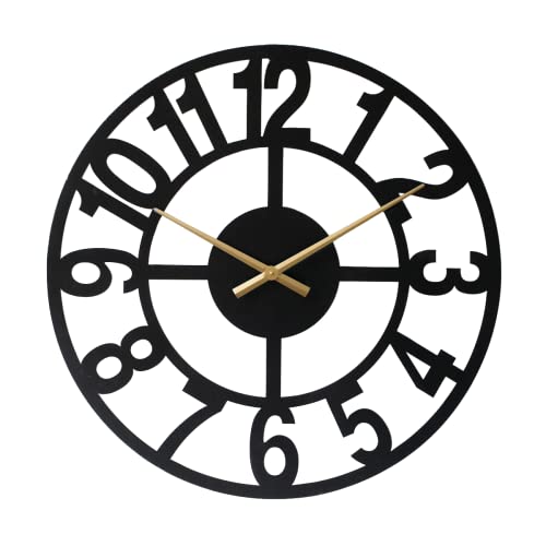 LW Collection Wanduhr Jannah Schwarz mit goldenen Zeigern 60cm - Große industrielle Wanduhr Metall - Moderne Wanduhr - Leises Uhrwerk - Stille Uhr von LW Collection