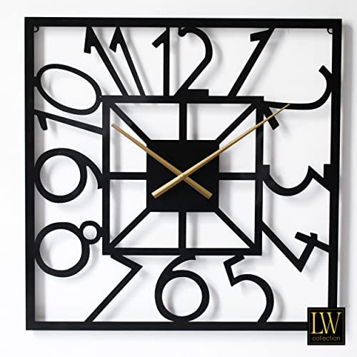 LW Collection Wanduhr Senna Schwarz mit Goldenen Zeigern 60cm - Große industrielle Wanduhr Metall - Minimalistische Quadratische Wanduhr industriell - Stille Uhr von LW Collection
