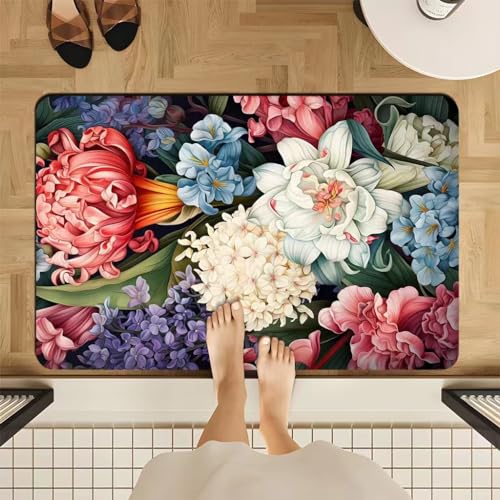 Badezimmerteppich Blume Badteppich rutschfest Waschbar,Duschvorleger Schnelltrocknend,Stein Badematte,Diatomite Stone Bath Mat,Super Absorbierende Badvorleger von LWLFC