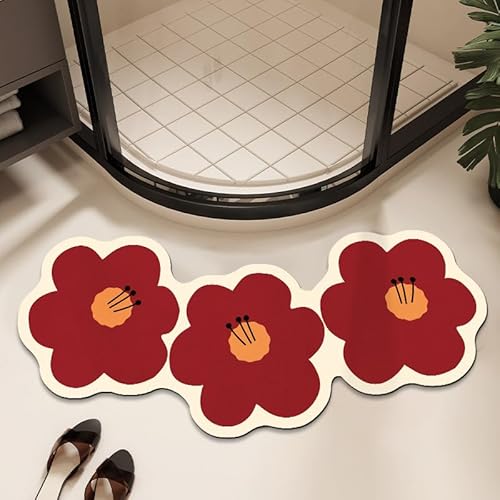 Badezimmerteppich Rote Blumen Badteppich rutschfest Waschbar,Duschvorleger Schnelltrocknend,Stein Badematte,Diatomite Stone Bath Mat,Super Absorbierende Badvorleger von LWLFC