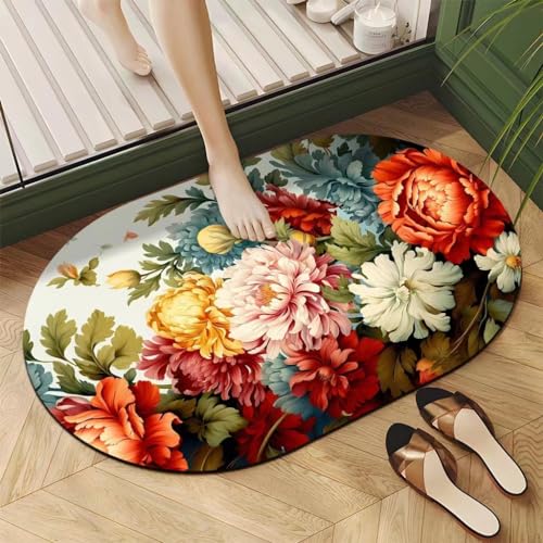 Badezimmerteppich Schöne Blumen Badteppich rutschfest Waschbar,Duschvorleger Schnelltrocknend,Stein Badematte,Diatomite Stone Bath Mat,Super Absorbierende Badvorleger von LWLFC