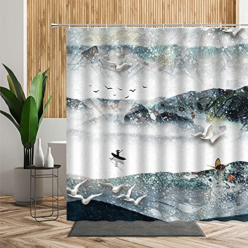 Duschvorhang 180X180 Landschaftstier Möwe Duschvorhang Anti-Schimmel und Wasserabweisend Shower Curtain kindermotiv, Duschvorhänge mit 12 Haken,Duschvorhang für badewanne Polyester von LWLFC