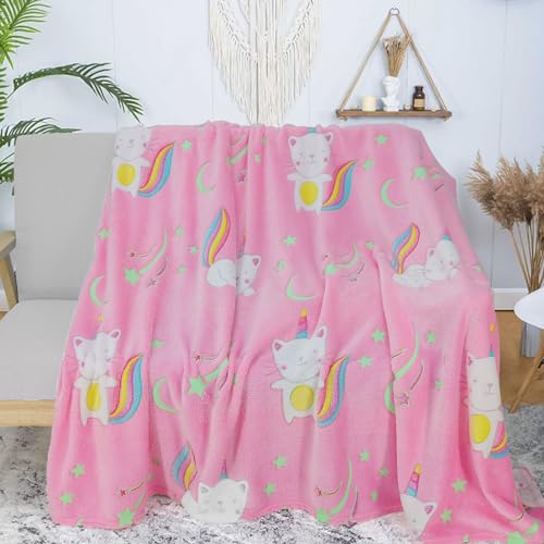 LXTOPN Kuscheldecke Kinder, Leuchtet im Dunkeln Kätzchen Muster Flanell Fleece Decke, Geschenke für Kinder Mädchen, Rosa von LXTOPN