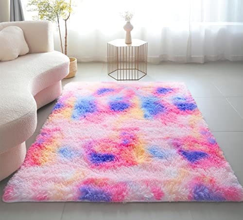 LYKEJI Teppiche Schlafzimmer Dekoration Teppich Flauschige Teppiche Shaggy Teppiche Lange Weiche Teppiche für Wohnzimmer rutschfeste Teppiche für Schlafzimmer Wohnzimmer (bunt rosa, 120X160CM) von LYKEJI