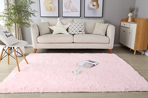 LYKEJI Runder Teppich, Langflor, Modern, für Wohnzimmer, Schlafzimmer, Esszimmer oder Kinderzimmer, Komfortable Hochflor-Bodenmatte Anti-Rutsch-Teppich (rosa, 160x200cm) von LYKEJI