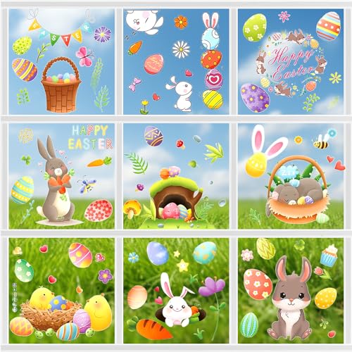 Fensterdekoration Ostern, 9 Blätter Oster Fensterbilder Selbstklebend, Fenstersticker Frühling Ostern mit Hasen Ostereier Küken, Wiederverwendbar Oster Fensteraufkleber für Kinderzimmer von LYNBLY