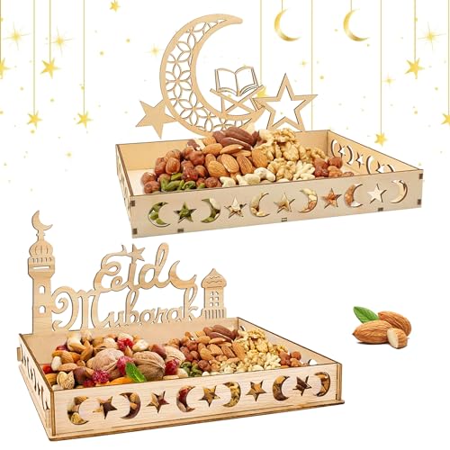 Ramadan Teller Eid Mubarak Tablett, 2 Stück Ramadan Dekoration Teller, Ramadan Holz Tablett Mond Stern Serviertablett für Süßigkeiten, Kuchen, Ramadan Tischdekoration von LYNBLY