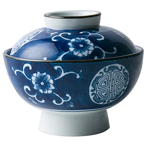 Japanische kleine Keramik-Servierschale mit Deckel for Reisnudeln und Haferbrei, dekorative Keramik-Suppenschale aus Steingut in Blau von LZG