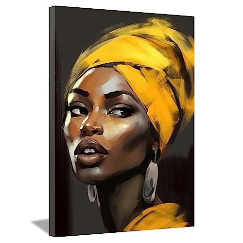 LZIMU Afrikanische amerikanische Frauen Bild auf Leinwand abstraktes schwarzes Mädchen gelbe Haare Schal Ohrringe Leinwand Bild für Schlafzimmer Zimmer Wanddekoration Gerahmt (28x35cm) von LZIMU