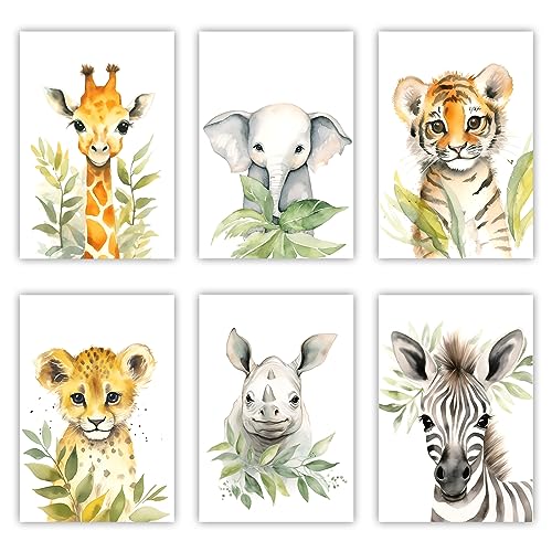 LZIMU Baby Safari Tiere Kinderzimmer Bild auf Leinwand 6 Stück süße Giraffe Elefant Tiger Leopard Nashorn Zebra Poster Leinwand Bild Kinderzimmer Dekoration (Kein Rahmen, 30.00x45.00cms x6) von LZIMU