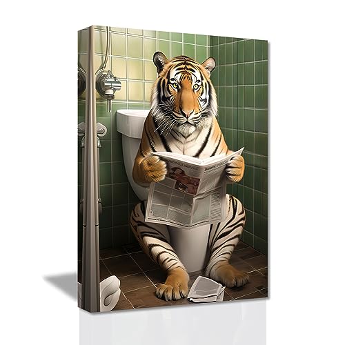 LZIMU Badezimmer Wanddekoration Tiger sitzt auf der Toilette und liest Zeitung Leinwand Kunstdrucke lustige Tiere Badezimmer Wandbilder (A, 30.00 x 45.00 cms) von LZIMU