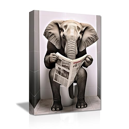 LZIMU Badezimmer Wanddekoration lustiger Elefant der auf der Toilette sitzt und Zeitung liest Leinwand Kunstdrucke schwarz weiße Tiere Wandbilder (C, 30.00 x 45.00 cms) von LZIMU