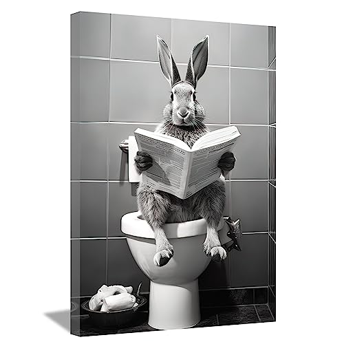 LZIMU Badezimmer lustiges Kaninchen Bild auf Leinwand Kaninchen sitzt auf der Toilette und liest Zeitung Leinwand Bild Schwarz Weiß Poster Wanddekoration Gerahmt(5, 28x35cm) von LZIMU