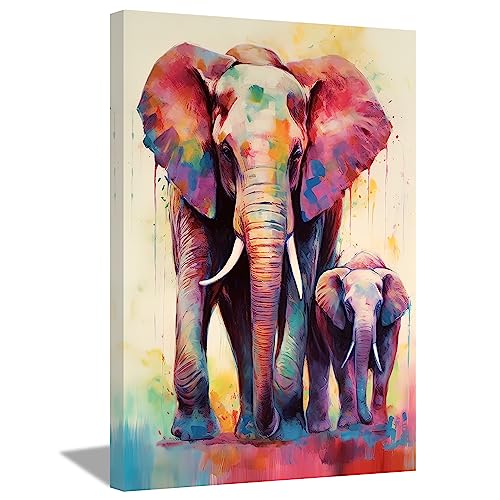 LZIMU Bild mit afrikanischen Elefanten auf Leinwand abstrakter bunter Elefant und Elefantenbaby Wildtier Leinwandbild für Badezimmer Zuhause Wanddekoration Gerahmt (28x35cm) von LZIMU