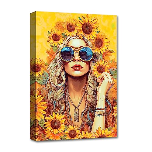LZIMU Hippie Mädchen Leinwand Wandbilder Sonnenblumen Frau Kunstdruck Blumenmädchen Gemälde für Frauen Teenager Mädchen Schlafzimmerdekoration (Mädchen-4,(20.00 x 30.00 cms)) von LZIMU