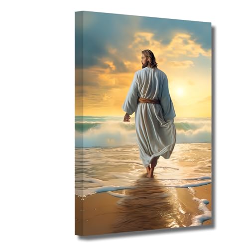 LZIMU Jesus Bild auf Leinwand Jesus geht am Strand Leinwand Bild Gott Poster katholisches Kunstwerk für spirituelle Raum Wanddekoration Gerahmt (4, 28.00x35.00cms) von LZIMU
