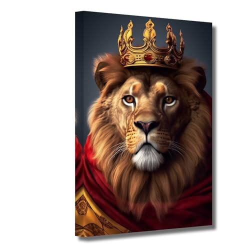 LZIMU Löwe mit goldener Krone Bild auf Leinwand Königstier Leinwanddrucke Wildtiere Kunstwerk für Büro Schlafzimmer Wanddekoration Gerahmt (28x35cm) von LZIMU