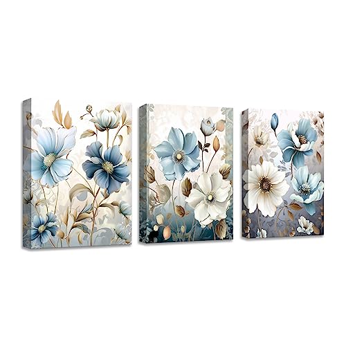 LZIMU Lotusblumen Leinwand Kunstdrucke 3 teiliges abstraktes Blumenbild elegante Blumenbilder Wanddekoration indigoblaues Blumengemälde (20.00 x 25.00 cmsx3 Pezzi) von LZIMU