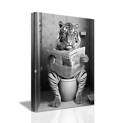 LZIMU Lustige Badezimmer Wanddekoration Tiger der auf der Toilette sitzt und Zeitung liest Leinwand Kunstdrucke schwarz weiße Tiere Wandbild (A, 30.00 x 45.00 cms) von LZIMU