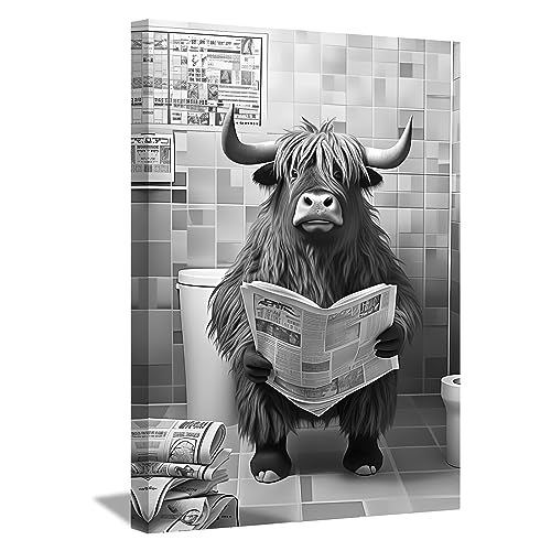 LZIMU Lustiges Badezimmerbild auf Leinwand Hochlandkuh sitzt auf der Toilette und liest Zeitung Leinwandbild Schwarz Weiß Tiere Poster Wanddekoration Gerahmt(1, 28x35cm) von LZIMU