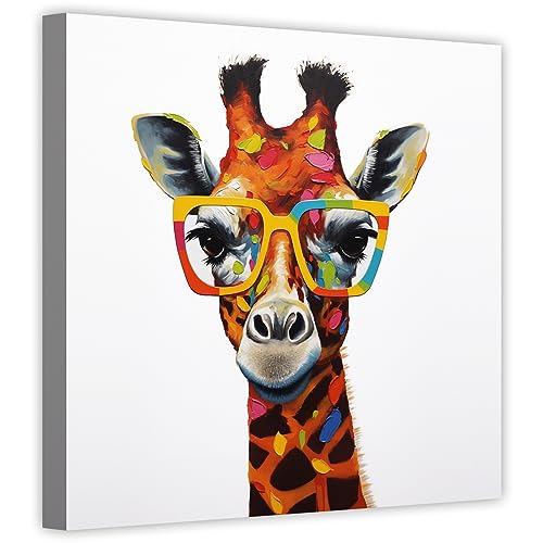 LZIMU Lustiges Giraffen bild auf Leinwand bunte Giraffe mit Brille Leinwandbild niedliche Tierbilder für Kinderzimmer Wanddekoration Gerahmt (3, 30.00x30.00cms) von LZIMU