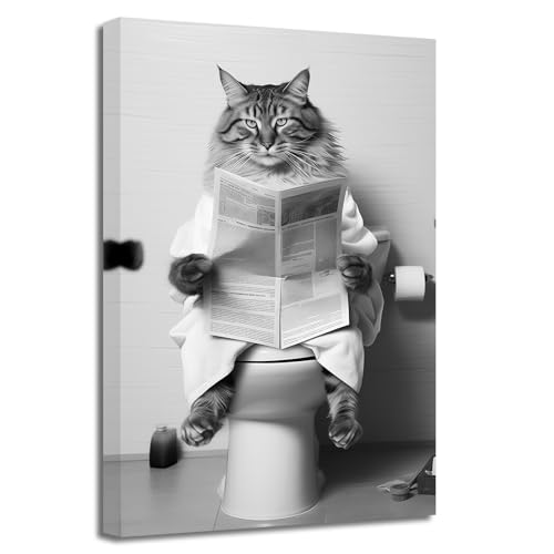 LZIMU Lustiges Tier Badezimmer Wandbild Katze sitzt auf Toilette und liest Zeitung Poster Drucke auf Leinwand Schwarz Weiß Bilder Badezimmer Kunstwerk (Bild-1, (30.00 x 45.00 cms)) von LZIMU
