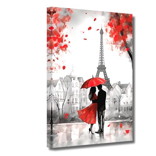 LZIMU Paris Bild auf Leinwand schwarzes und rotes Paar mit Regenschirm Bild Eiffelturm Ölgemälde Drucke romantische moderne Kunstwerke Wanddekoration Gerahmt (28x35cm) von LZIMU