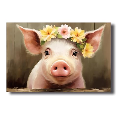 LZIMU Schwein Leinwand Bilder süßes rosa Schwein mit Blumen Poster Drucke lustige Tiere Bild rustikales Bauernhaus Kunstwerk Badezimmer Wanddekoration Gerahmt (Bild-1, (30.00 x 45.00 cms)) von LZIMU