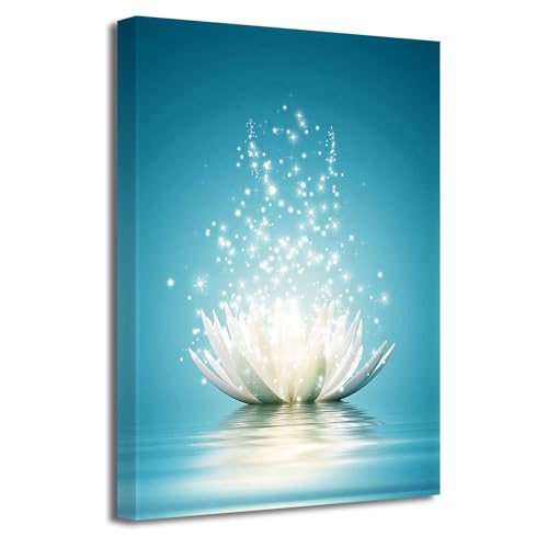 LZIMU Zen Bild auf Leinwand weiße Lotusblume Blüte im Wasser Kunstdrucke Wanddekoration Gerahmt blaugrünes Bilder für Yoga Spa Meditation spirituelle Raumdekoration(2, 30x45cm) von LZIMU