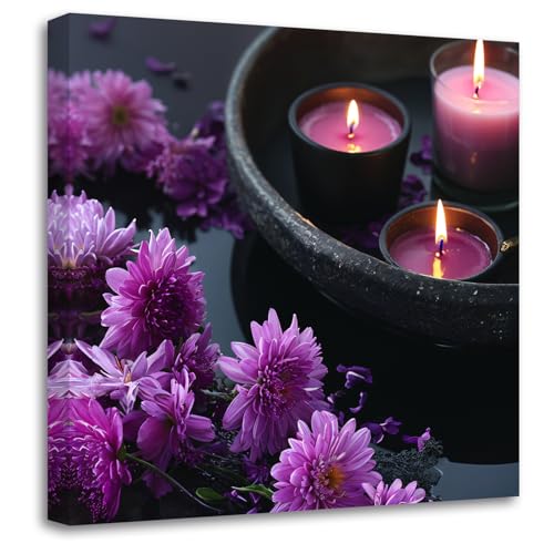 LZIMU Zen Leinwandbilder lila Lotusblumen und Kerzenbild Meditationsgemälde entspannende Drucke Spa Kunstwerk für Büro Badezimmer Dekor Gerahmt(Bild-3, (30.00 x 30.00 cms)) von LZIMU