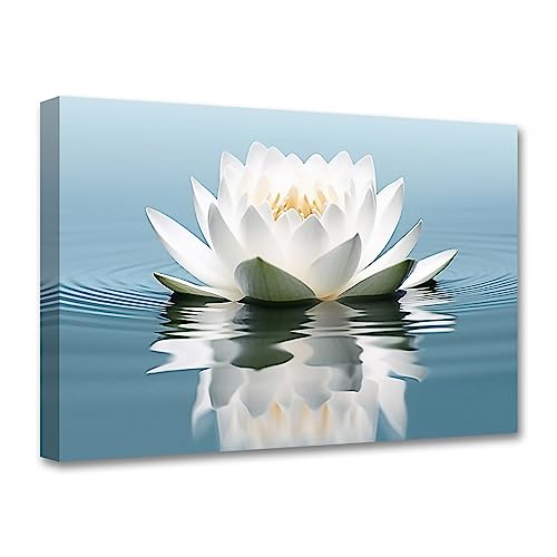 LZIMU Zen Leinwandbilder weiße Lotusblume Blüte im Wasser Kunstdrucke blaugrünes Kunstwerk Badezimmerdekoration für Yoga Spa Meditationsraum (Zen-3,(28.00 x 35.00 cms)) von LZIMU