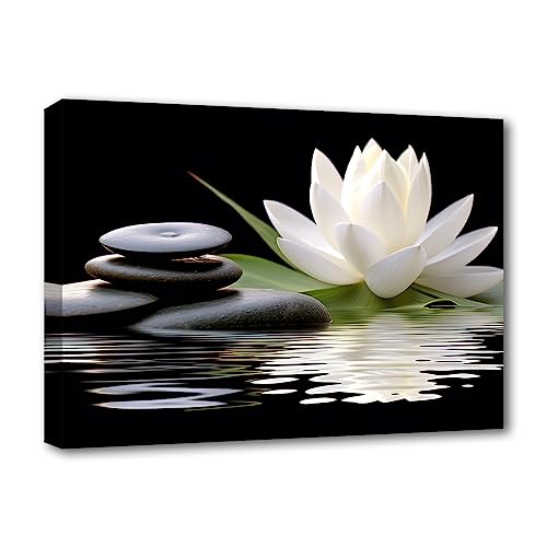 LZIMU Zen Leinwandbilder weißer Lotus und schwarze Zen Steine blühen im Wasser Bilddrucke für Yoga Spa Meditation spirituelle Raumdekoration (Zen-1,(30.00 x 45.00 cms)) von LZIMU