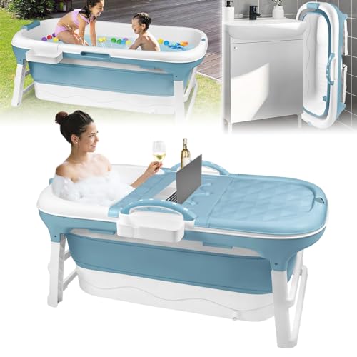 LZQ Faltbare Badewanne Erwachsene Mobile Badewanne mit abnehmbar Abdeckung Massagerollen Lagerregal PP+TPE Faltbadewanne Klappbare Badewanne für Badezimmer SPA, 128x62x53cm, Blau von LZQ