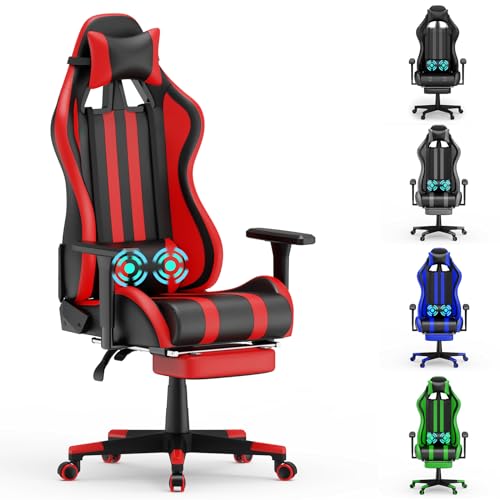 LZQ Gaming Stuhl Ergonomisch mit Massagefunktion, Bürostuhl mit Fußstütze, Massage-Lendenkissen, Kopfkissen und Armlehnen, 360° Drehbar Gamingstuhl 150 kg belastbarkeit, Rot von LZQ