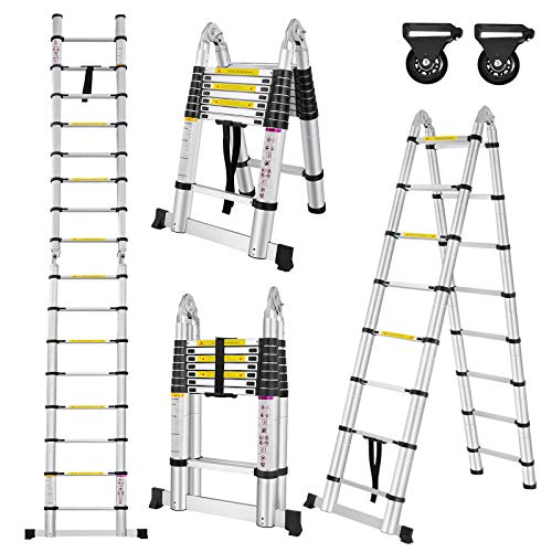 LZQ Klappleiter Anlegeleiter Teleskopleiter Ausziehleiter Alu Teleskop-Design Mehrzweckleiter, 16 Sprossen - 90cm bis 5m Anlegeleiter, 150 kg Belastbarkeit von LZQ