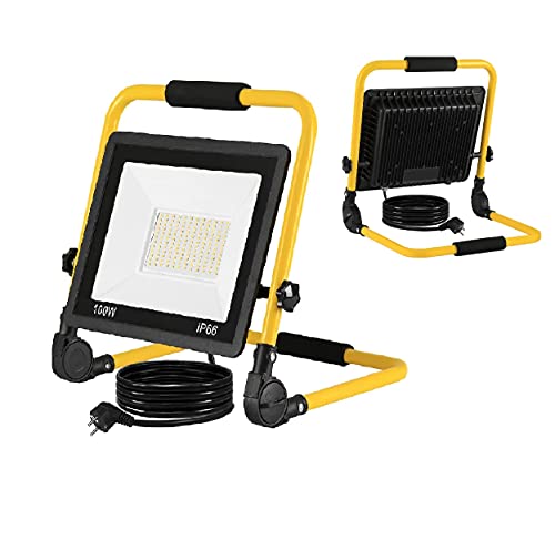 LZQ LED Flutlicht Baustrahler Tragbare 100W Warmweiß - inkl. Standgestell und Tragegriff- Außenleuchte Strahler Wasserdicht IP66 Flutlichtstrahler Scheinwerfer Licht für Garten, Garage von LZQ