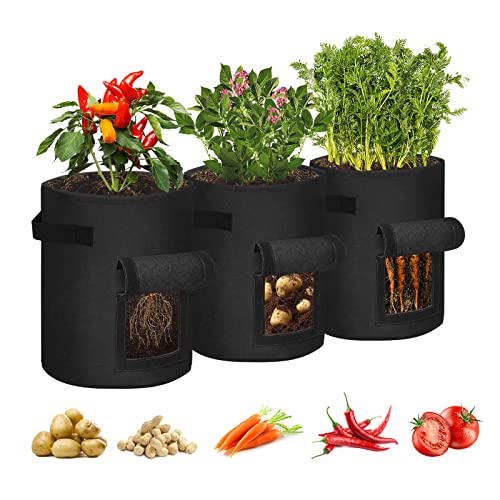 LZQ Pflanzsack 27L Kartoffelsack Pflanztasche mit Filzstoff, Velcro Fenster, Griffen, Zum Anbau von Kartoffel, Tomaten, Zwiebeln, Gemüse, Blumen, Pflanzen(Schwarz, 7 Gallonen, 3 Stück) von LZQ