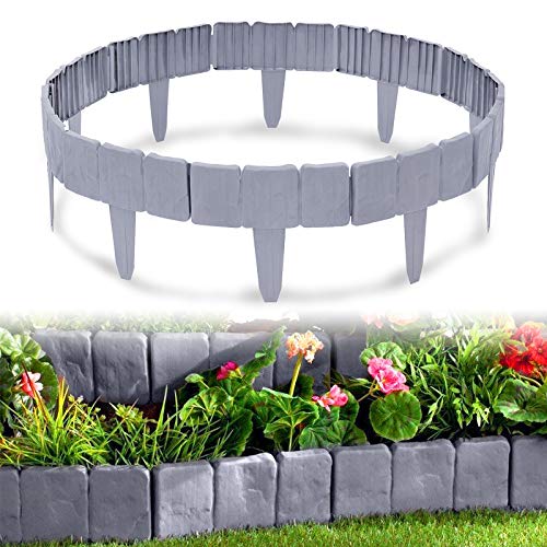 LZQ Rasenkante Stein Beeteinfassung Beetbegrenzung PP-Rasenkanten Rasenkante Kunststoff für Garten,Wiese LxH 25x23cm 40-teilige/10M Anthrazit 40-teilige/10M Grau von LZQ