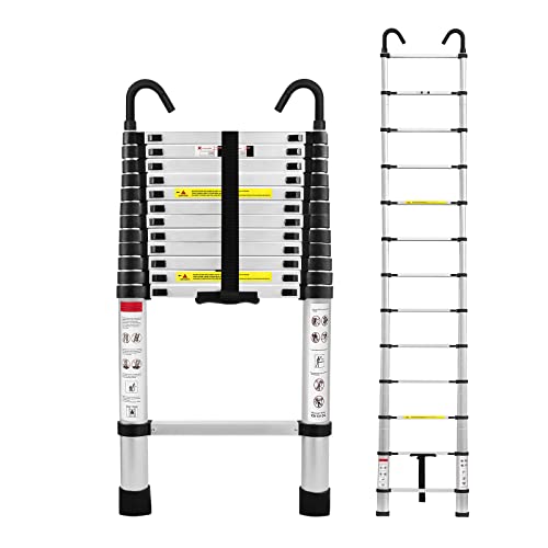 LZQ Teleskopleiter mit Haken, 4,4m Alu Ausziehleiter Mehrzweckleiter, 150 kg Belastbarkeit, Ausziehbare Leiter mit Abnehmbarem Haken Rutschfester von LZQ