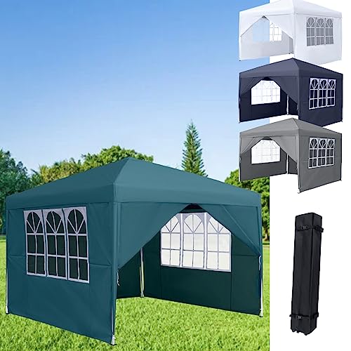 LZQ Wasserdichter Faltpavillon Pop-Up Gartenpavillon mit 4 Seitenteilen, Sonnenschutz UV-Schutz,3x3m für Garten, Party, Hochzeit, Festival und Camping Dunkelgrün von LZQ