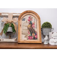 Vögel, Birdcage, French Vintage Chic, Shabby Rustikale Wandkunst Dekor, Bauernhof Cottage Stil, Gewölbtes Fenster, Leinen - Holzrahmen, Boho Dekor von LaRusticca