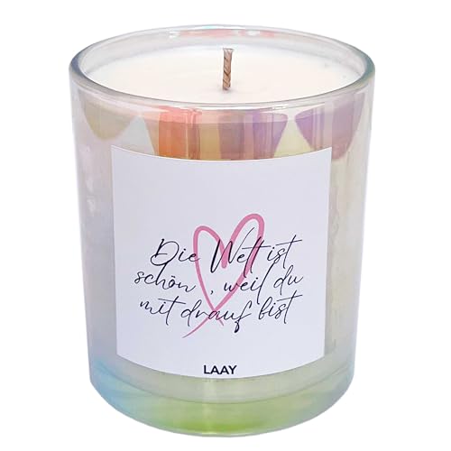 LAAY "Die Welt ist schön" Duftkerze im Glas mit Spruch - Geschenke für Frauen, Beste Freundin, Schwester Geschenke - handgemacht und besonderes Geschenk (Ohne Duft) von Laay