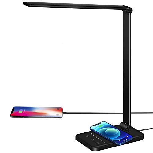 Lacmisc Schreibtischlampe LED mit kabelloser Ladefunktion 5 Farb 10 Helligkeitsstufen Dimmbare Tischlampe Bürotischlampe Desk Lamp von Lacmisc