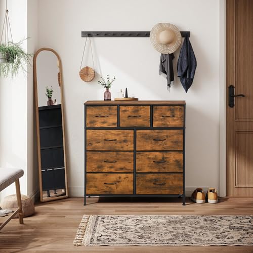 LafeuR Kommode mit 9 Schubladen aus Stoff, Kommodenschrank, Stoffschubladen, Metallgestell, für Schlafzimmer Wohnzimmer Flur, Vintage Braun, 30cm Tief LafeuR Kommode mit 9 Schubladen aus Stoff, Kommodenschrank, Stoffschubladen, Metallgestell, für Schlafzimmer Wohnzimmer Flur, Vintage Braun, 30cm Tief von LafeuR