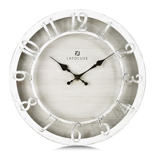 Lafocuse Vintage Wanduhr Lautlos Weiß, Retro Große Erhöhte 3D-Ziffern, Landhausstil Stille Shabby Chic Antik Deko Ohne Ticken für Wohnzimmer Schlafzimmer Küche 30cm von Lafocuse