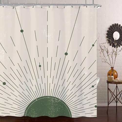 Laifzere Boho Salbeigrün Sonne Duschvorhang Abstrakt Mitte Jahrhundert Sonnenuntergang Duschvorhang für Badezimmer Set Sonnenschein Minimalistischer Vintage Moderner Duschvorhang für Badewanne Dekor von Laifzere