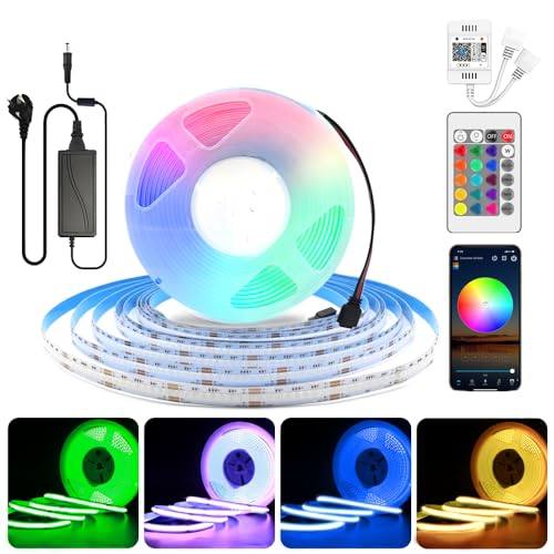 24V WiFi COB Led RGB LED Streifen 5m,COB Led Strip RGB Dimmbar mit Fernbedienung und Netzteil, Led COB RGB Led Band Led Lichtleiste, 576LEDs/M, APP Steuerbar, Kompatibel mit Alexa Google Home von Lam(MS)pen