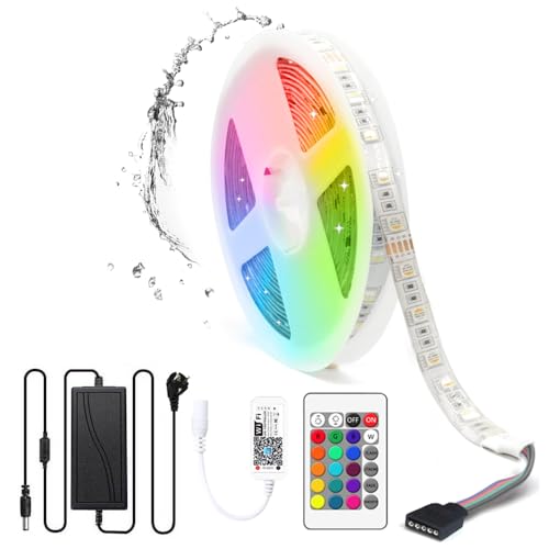 5M WiFi RGBW LED Streifen 24V Wasserdicht IP65, LED Strip RGB+Warmweiß 3000K dimmbar mit Controller und Netzteil, 60LEDs/m Farbwechsel LED Band für Innen Außen, Kompatibel mit APP Alexa, Google home von Lam(MS)pen